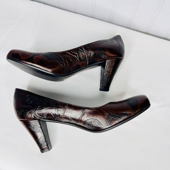 Cuoieria Fiorentina Italy Tuscan Sz 8.5 Heels Chocolate Brown Leather Floral - Picture 4 of 11